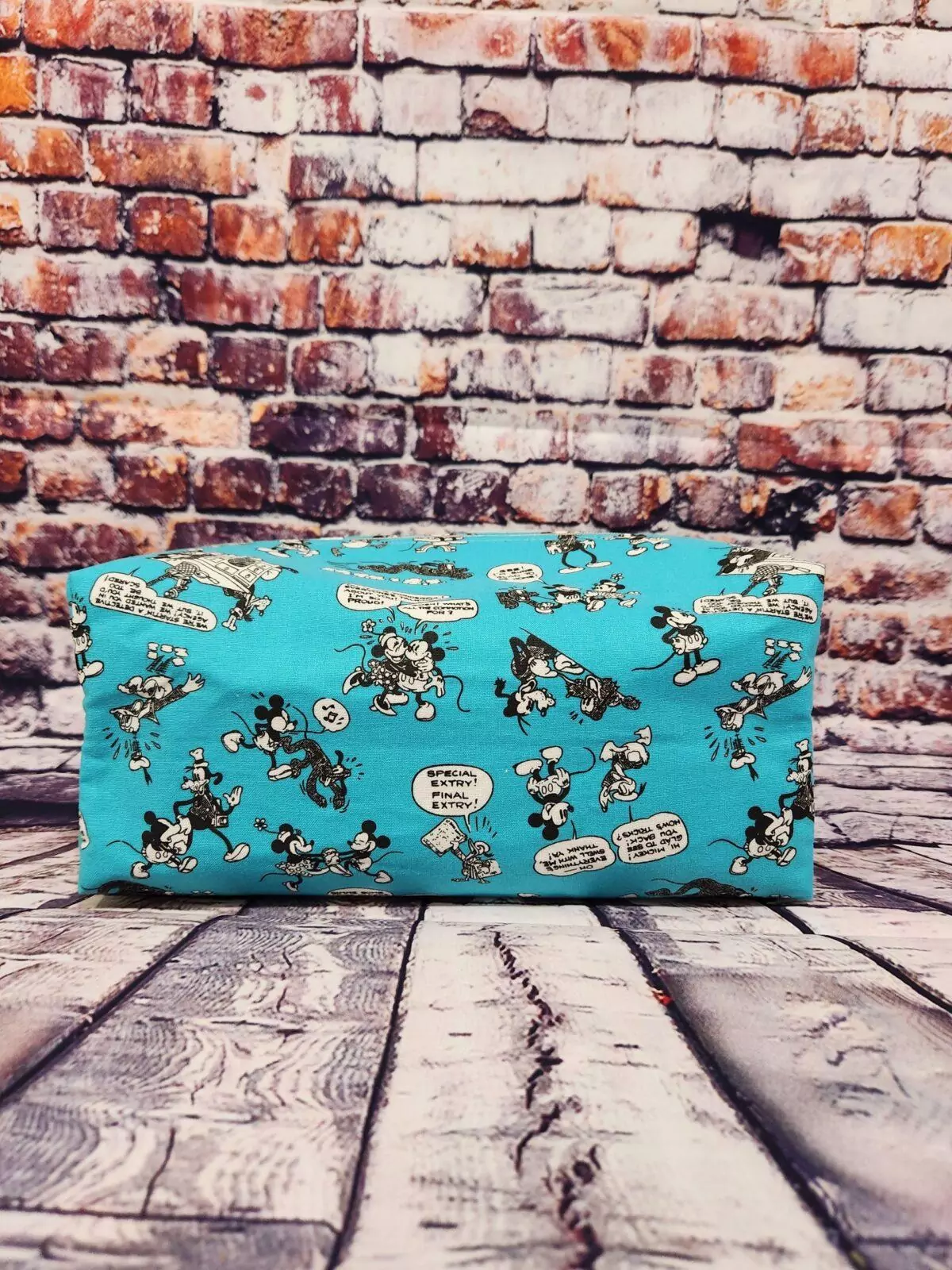 LARGE BOXY POUCH: Mickey & Friends  Comic Toss -  Burgundy Lining w/ Grey Zipper.