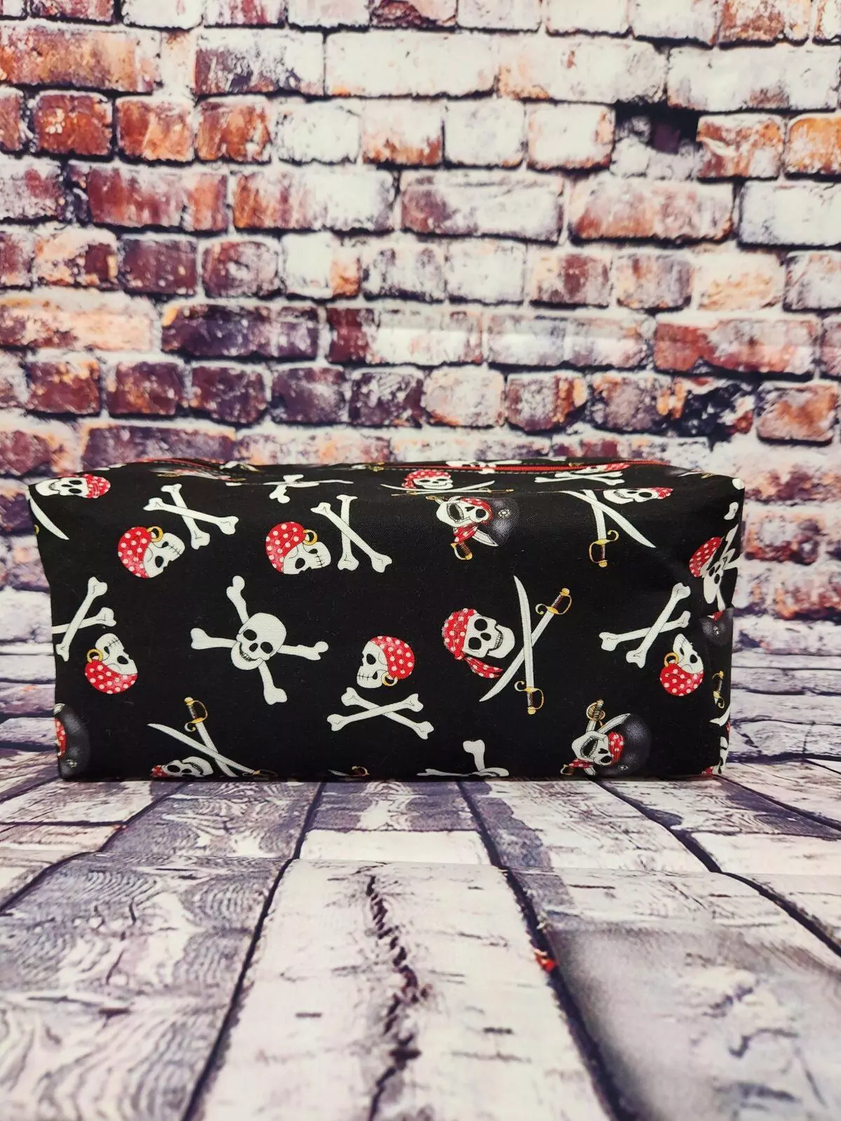 LARGE BOXY POUCHES: Pirate Flag - Turquoise  Lining with Red Zipper