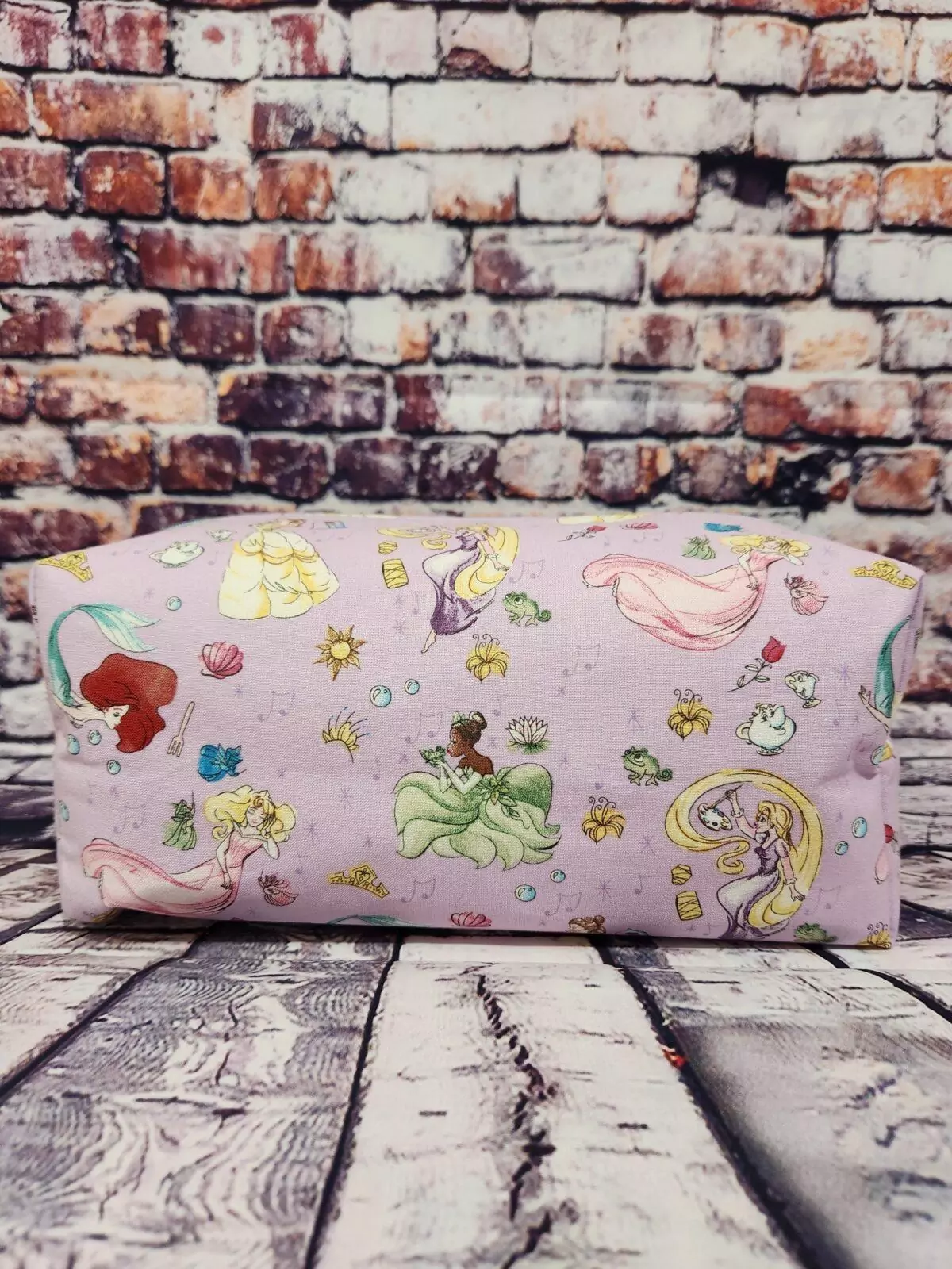 Large Boxy Pouch: Disney Princesses with Soft Yellow Lining & Blue Zipper