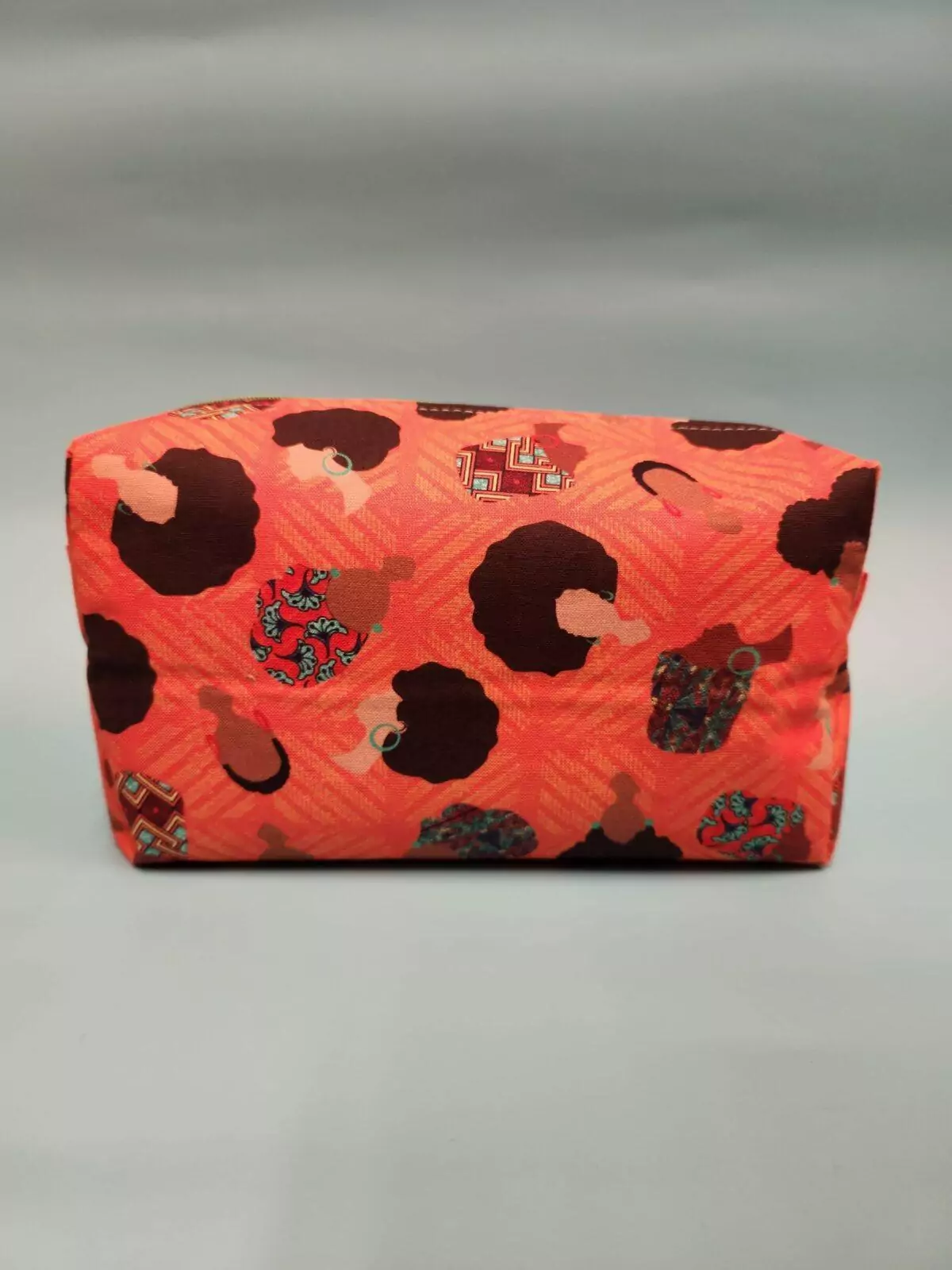 BEAUTY BAG: Afro Puffs In Orange - Light Turquoise  Lining and Green Zipper