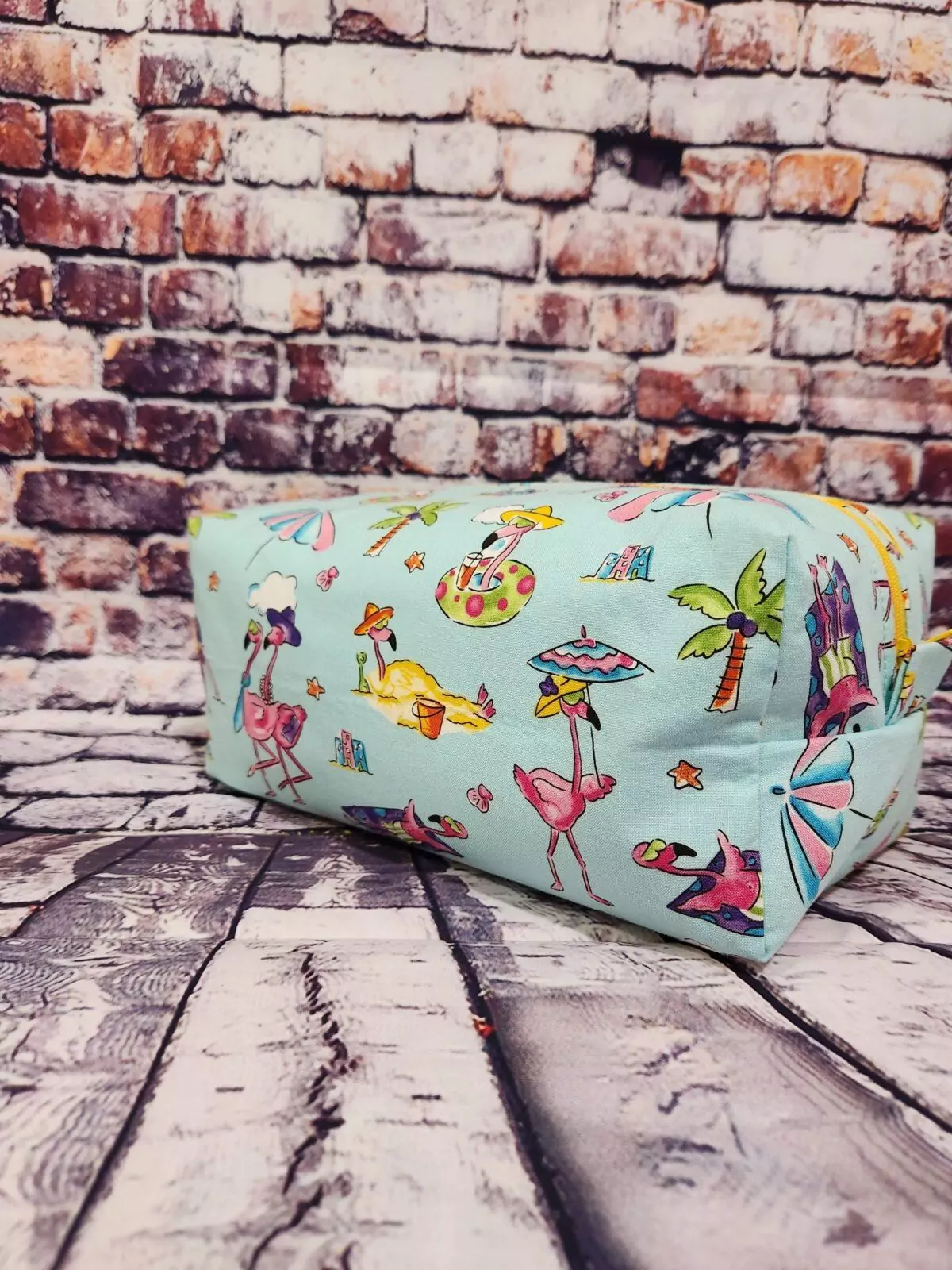 LARGE BOXY POUCH: Flamingos On Vacation - Hot Pink Lining with Yellow Zipper.