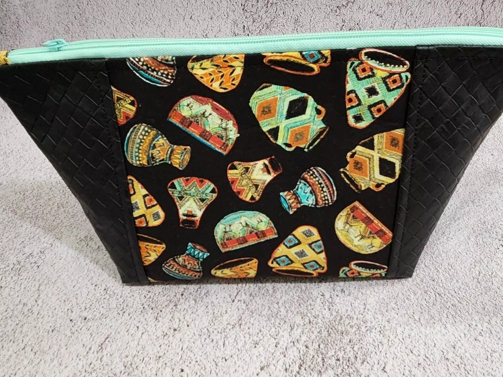 PEEK-A-BOO BAG: EARTHLY POTS: YELLOW & ORANGE LINING W/ TURQUOISE ZIPPER & BASKETWEAVE VINYL