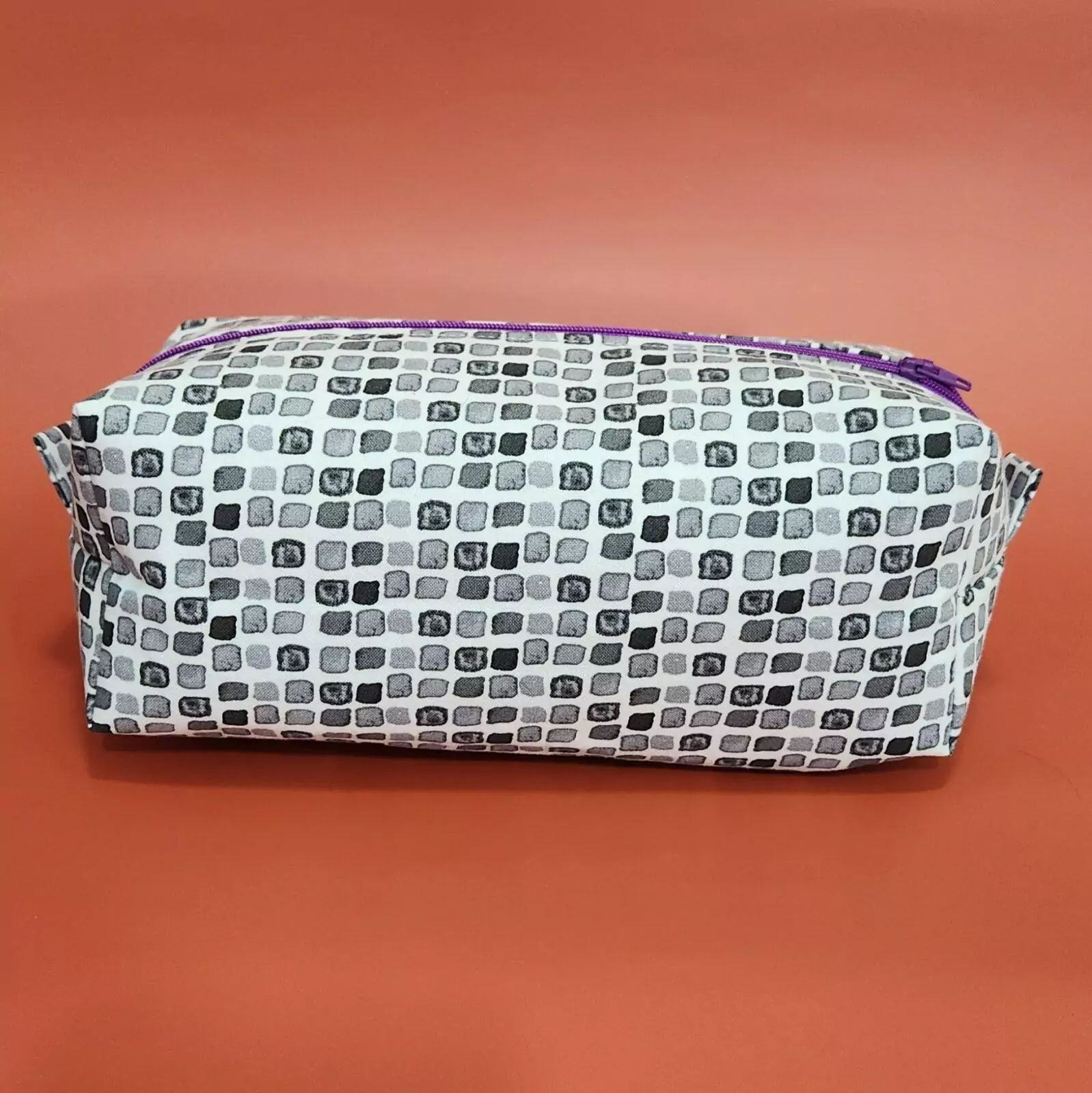 Medium Boxy Pouch: Cobble Stone- Light Denim Lining with Bright Purple Zipper