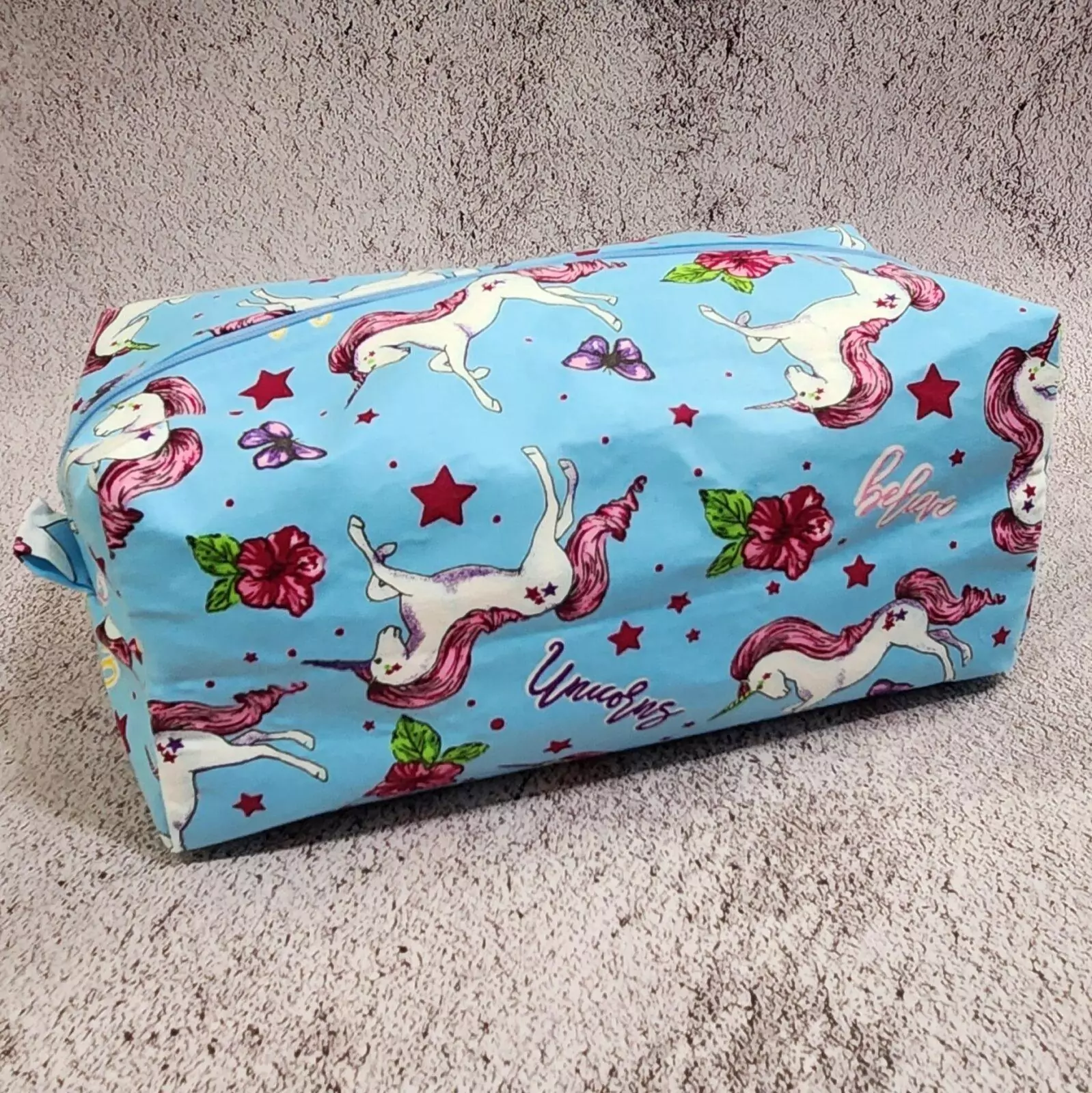 ​LARGE BOXY POUCH: Unicore Wishes - Light Yellow Lining with Powder Blue Zipper