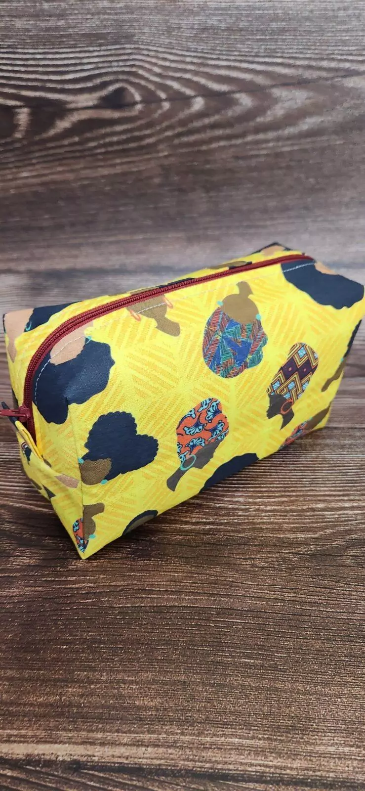 ​BEAUTY BAG: AFRO PUFFS IN YELLOW- BROWN LINING WITH GOLD DOTS- BURGUNDY ZIPPER