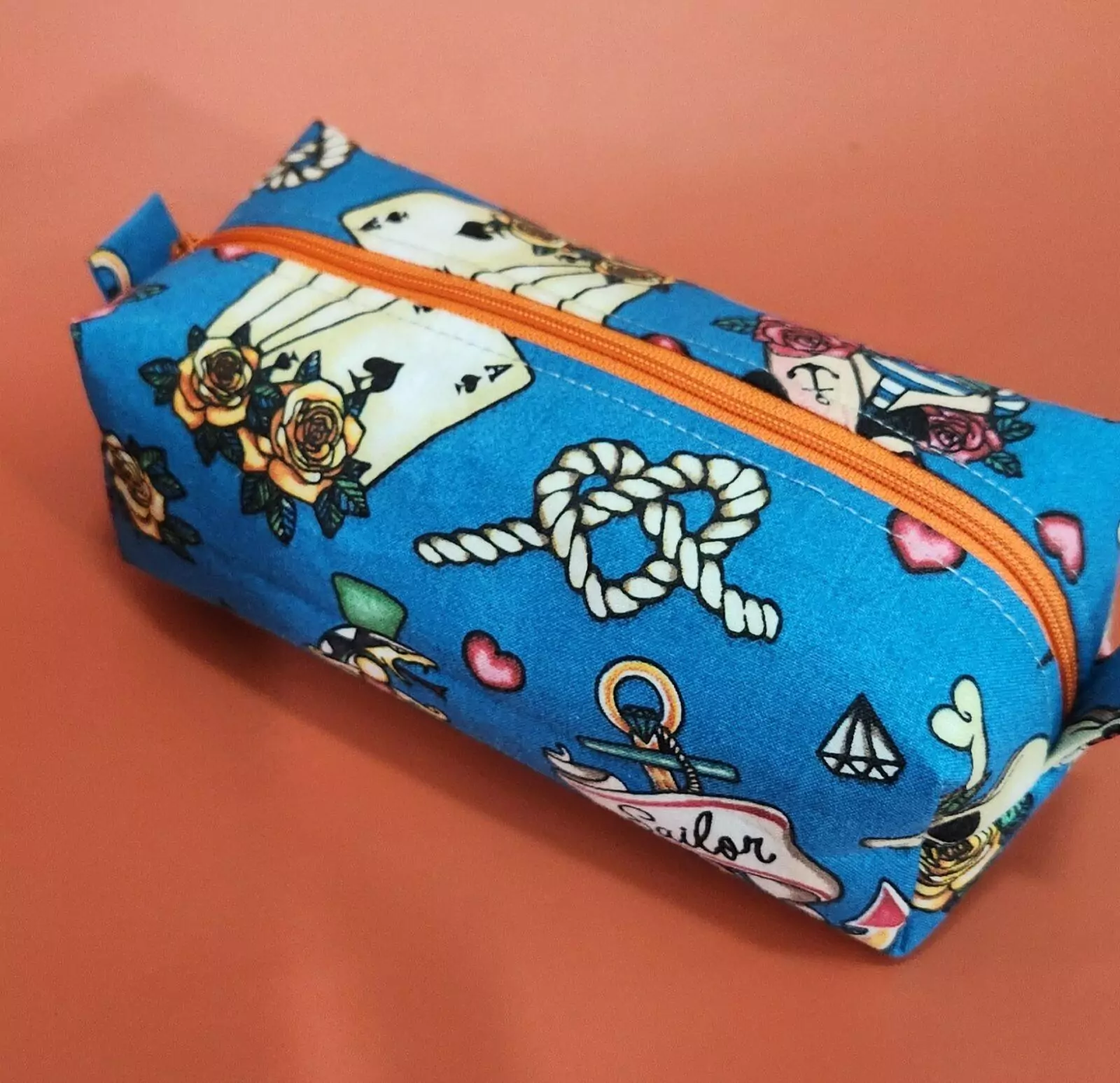 SMALL BOXY POUCH: Forever Love - Green  Lining with Orange Zipper