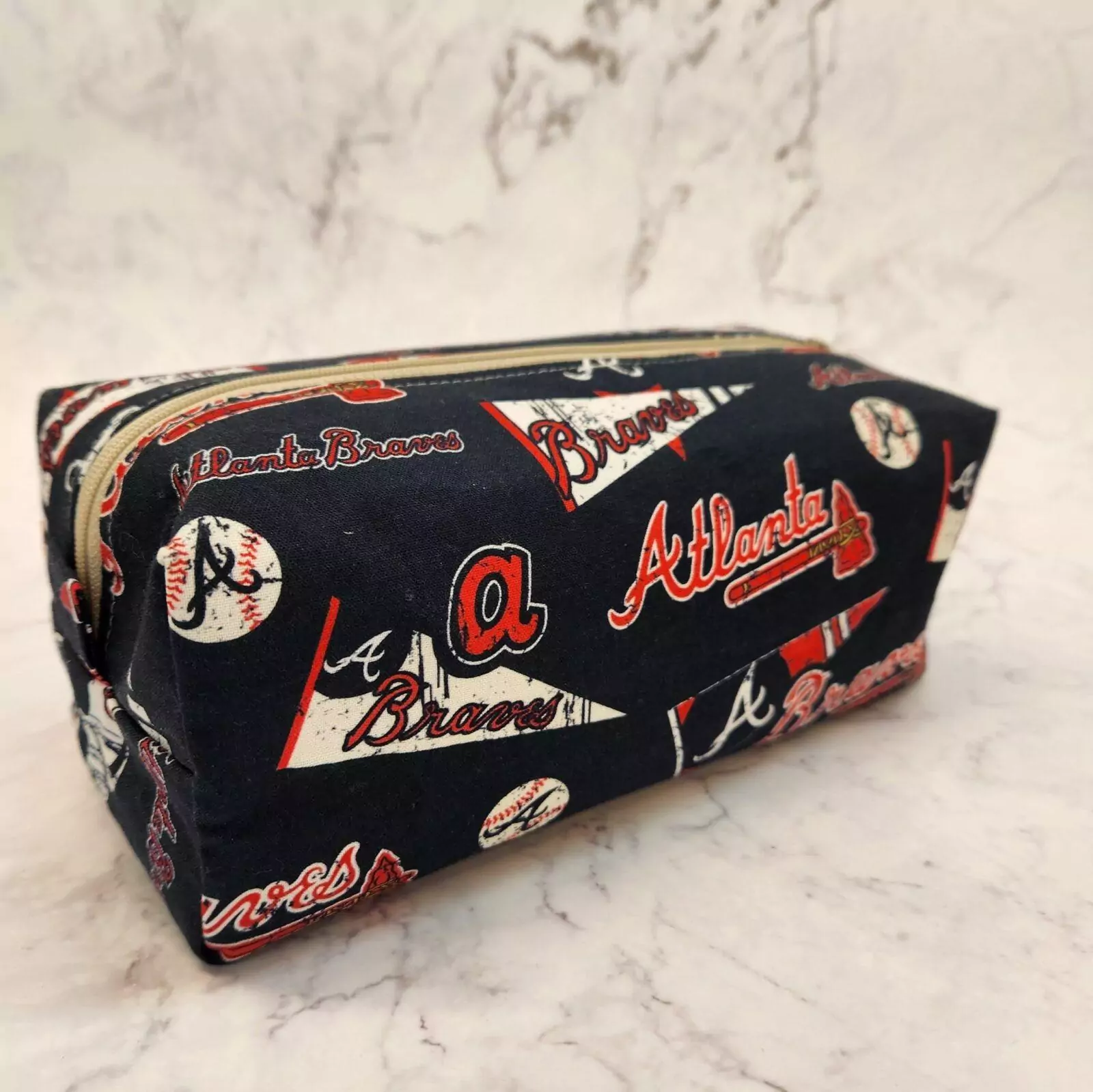 MEDIUM BOXY POUCH: Atlanta Braves Banner- Red Lining w/ Tan Zipper