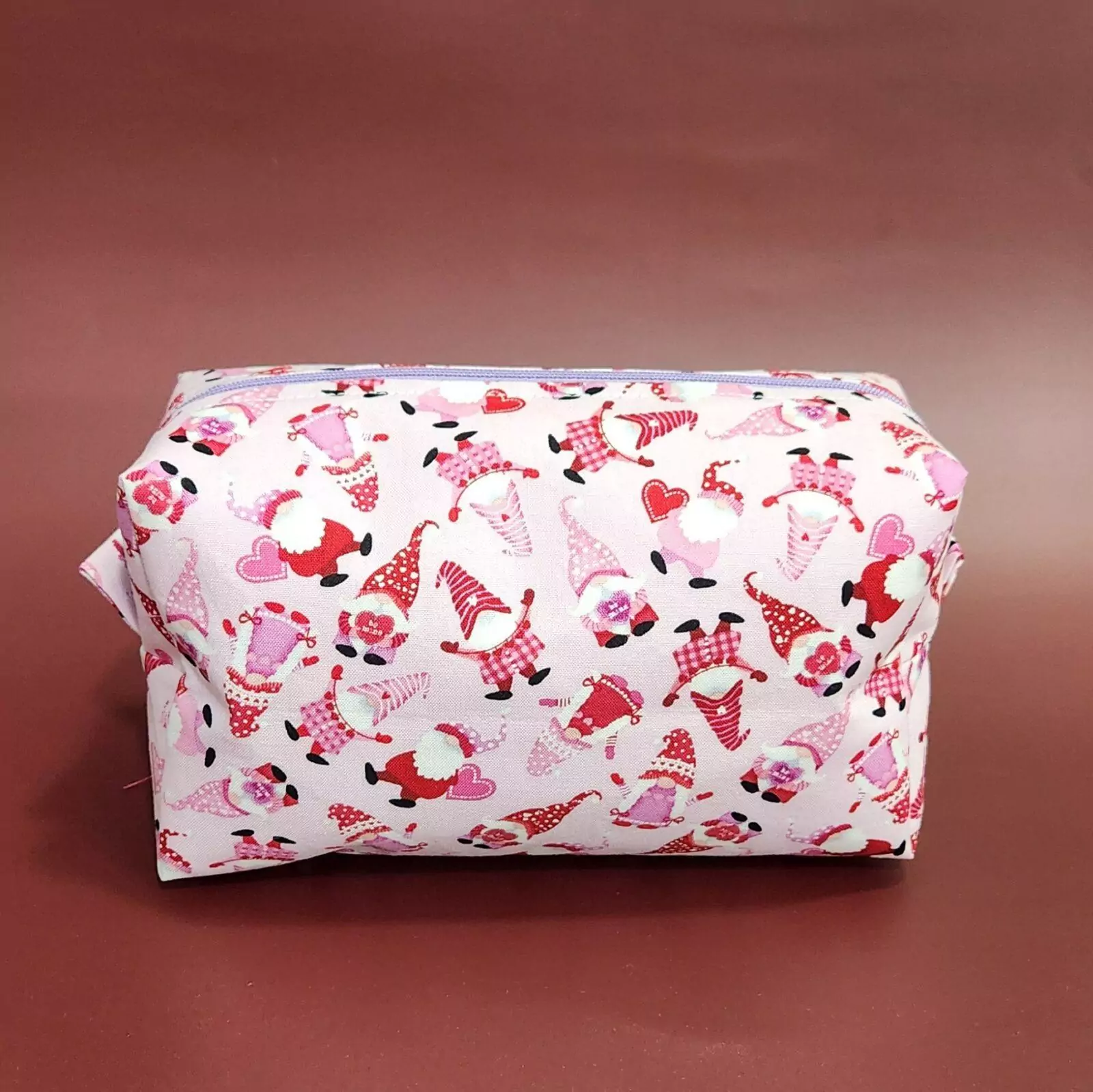BEAUTY BAG: Gnome Luv: Light Pink Lining with white Poke A Dots And Light Purple Zipper