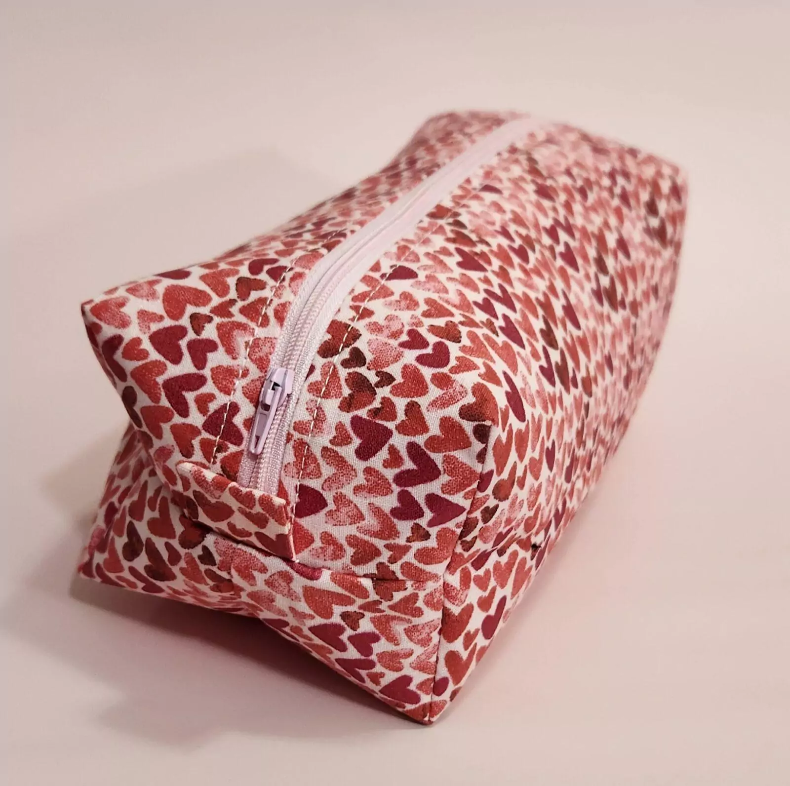 Medium Boxy Pouch: All My Hearts - Red and White Glitter Poke A Dots Lining With Light Pink Zipper