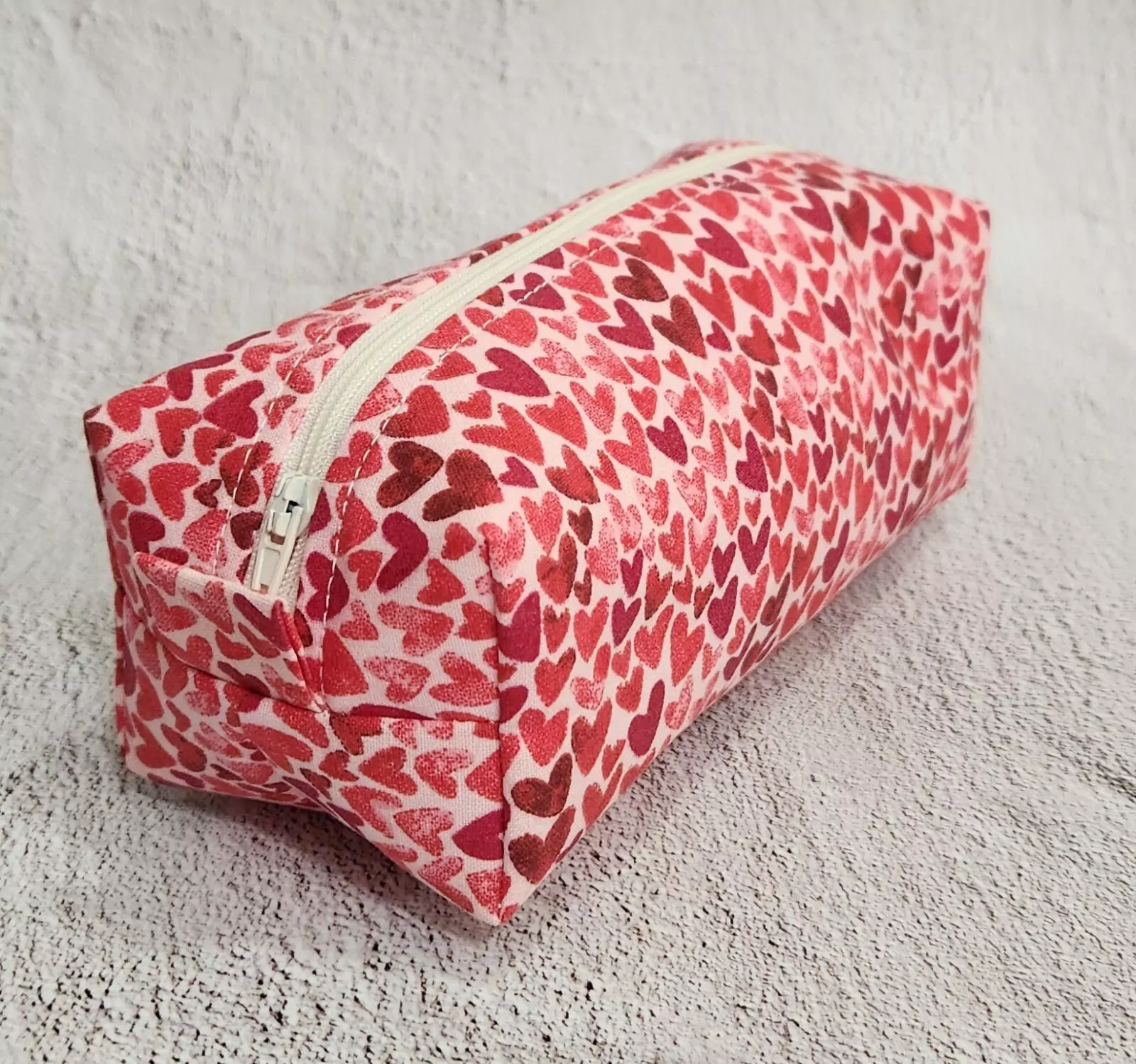 SMALL BOXY POUCH: All My Hearts: Pink Lining with White Poke A Dots - White Zipper