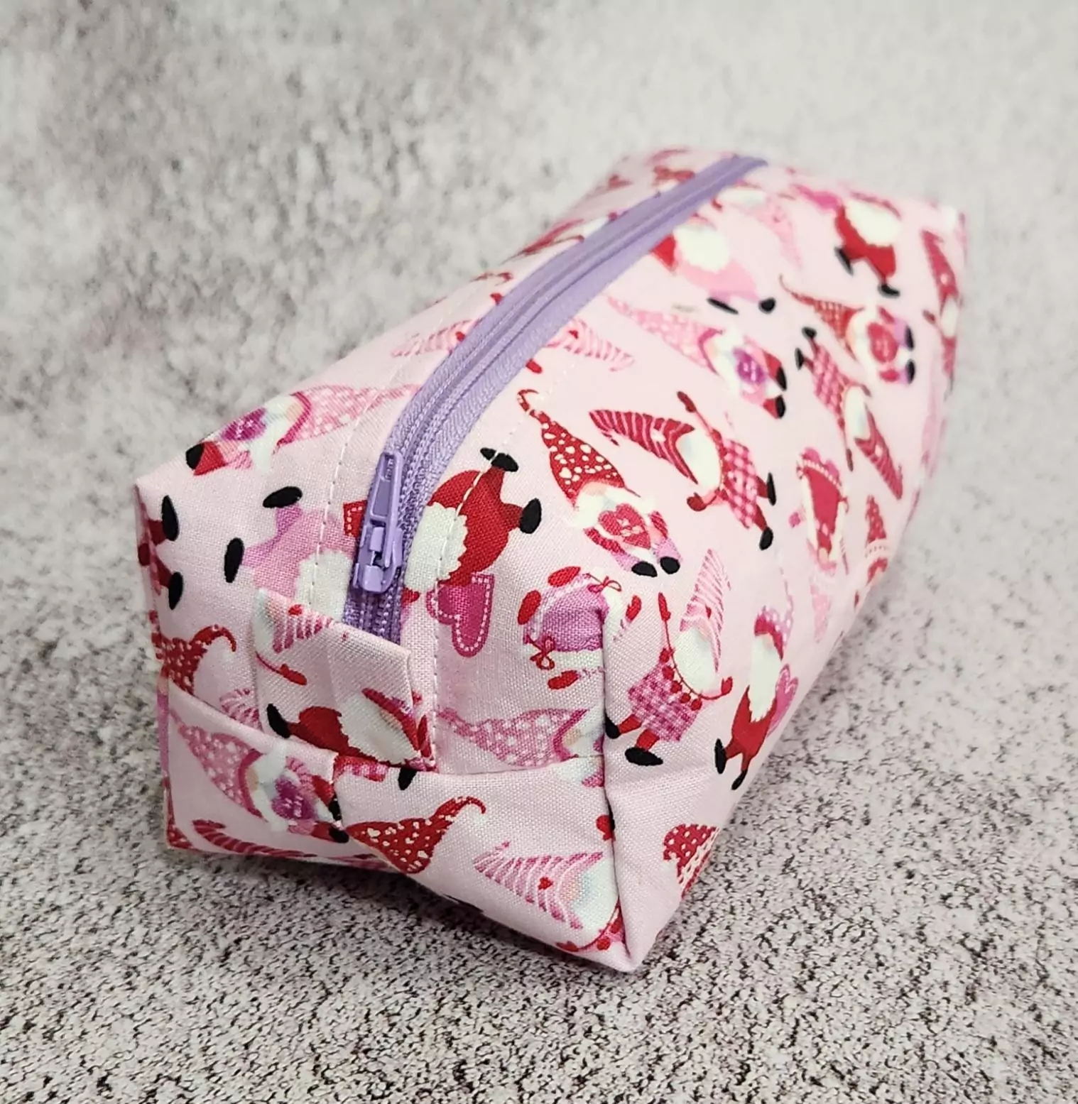 SMALL BOXY POUCH: Gnome Luv: White Glitter Lining with Red Poke A Dots, with Lavander Zipper